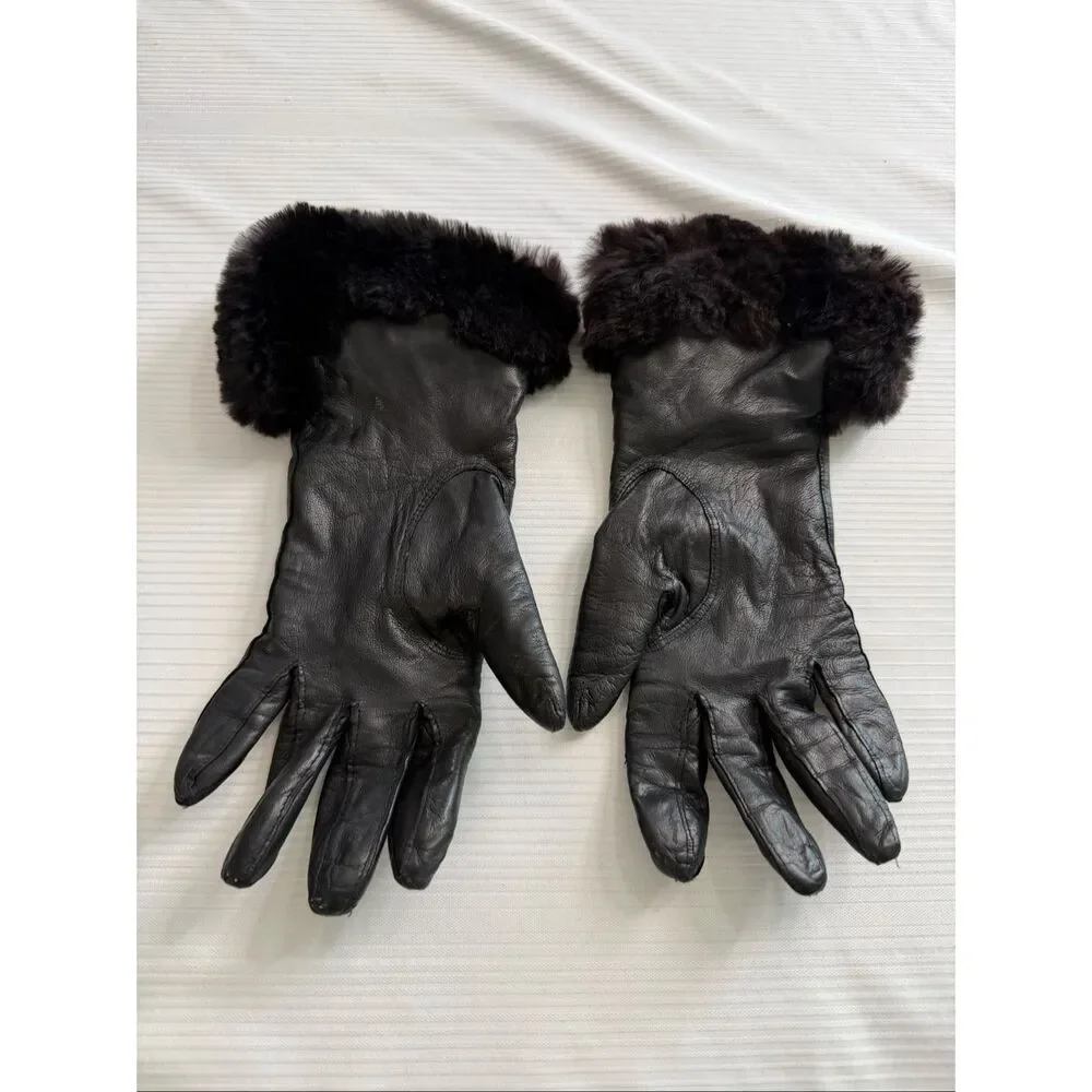 Stewart’s Vintage Genuine Leather Women’s Black Fur Gloves Size 6 1/2